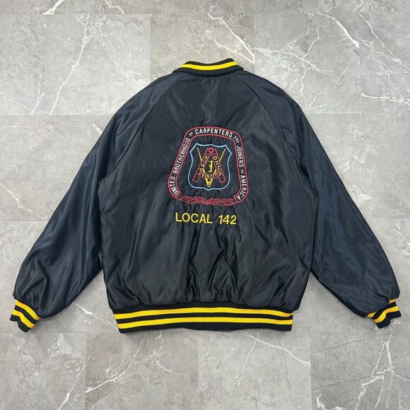 Vintage Carpenters Union Bomber Jacket Mens XL Satin Coat Embroidered Black - Picture 1 of 9